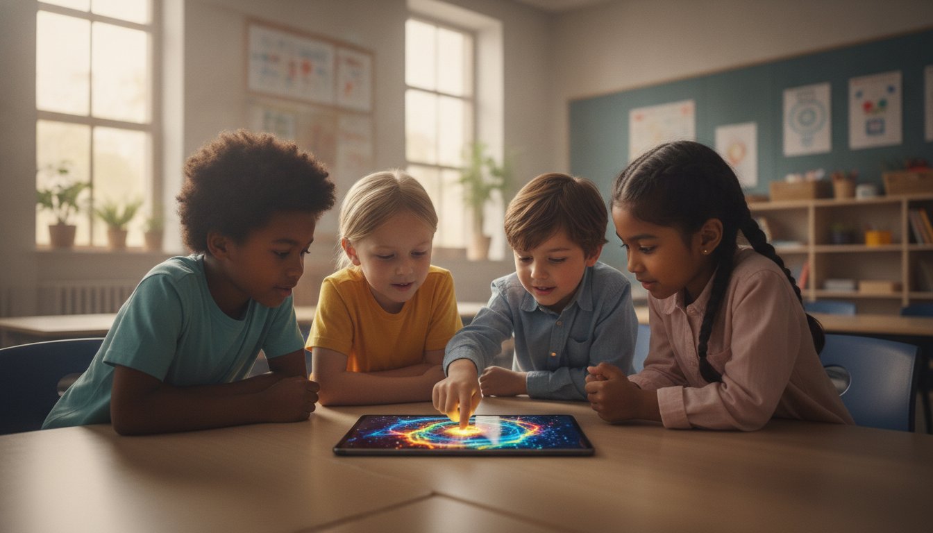 Four children around a table all looking at a game on a tablet